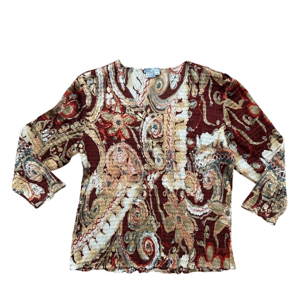 Vtg Alberto Makali plisse crinkle 3/4 sleeve top sequin‎ abstract XL y2k  v neck